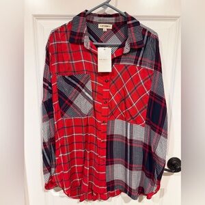 EE:SOME RED/BLUE PLAID PATCHWORK FLANNEL SHIRT TOP SIZE MEDIUM NWT